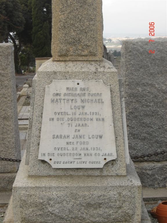 LOUW Matthys Michael –1921 &amp; Sarah Jane FORD -1931