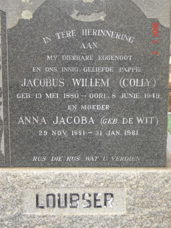 LOUBSER Jacobus Willem 1880-1949 &amp; Anna Jacoba DE WIT 1881-1961