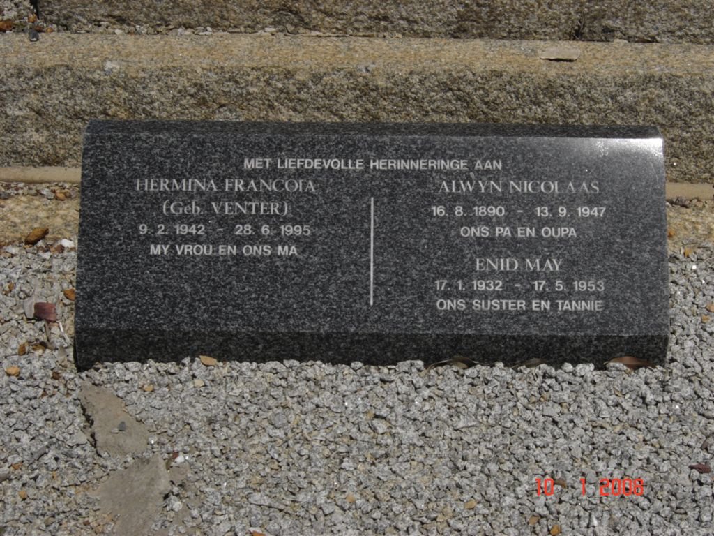 LIEBENBERG Alwyn Nicolaas 1890-1947 :: LIEBENBERG Enid May 1932-1953 :: LIEBENBERG Hermina Francoia nee VENTER 1942-1995