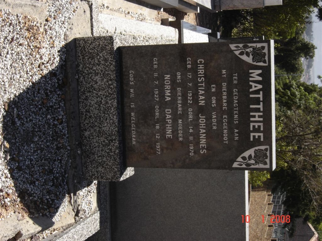 MATTHEE Christiaan Johannes 1922-1970 &amp; Norma Daphne 1927-1977