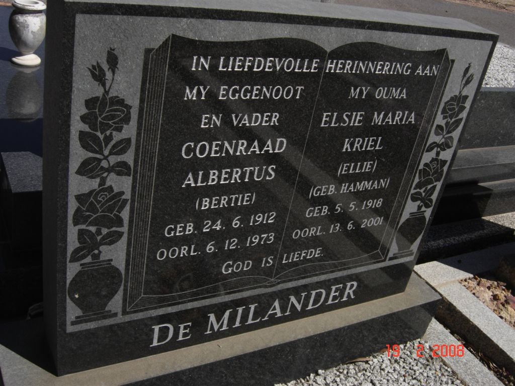 MILANDER Coenraad Albertus, de 1912-1973 &amp; Elsie Marie Kriel HAMMAN 1918-2001