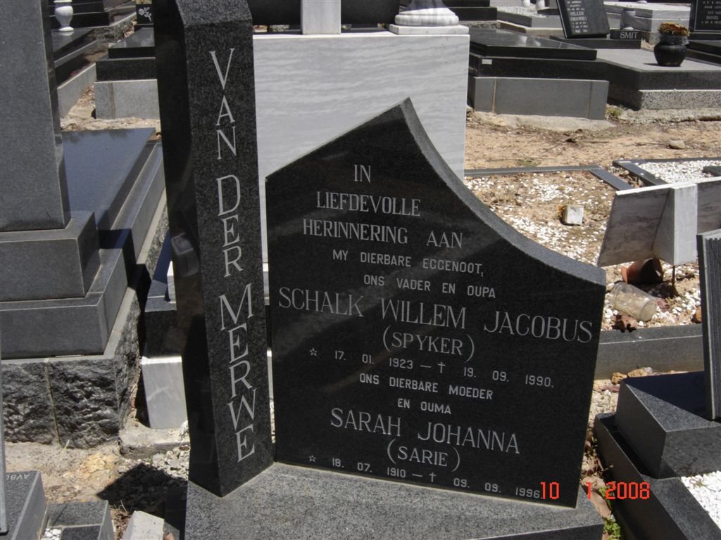 MERWE Schalk Willem Jacobus, van der 1923-1990 &amp; Sarah Johanna 1910-1996