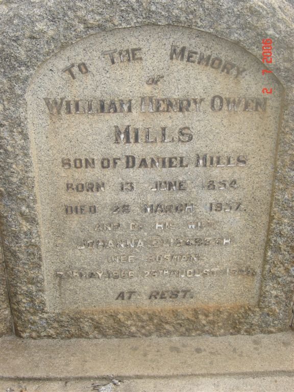 MILLS William Henry Owen 1852-1937 &amp; Johanna Elizabeth BOSMAN 1866-194?
