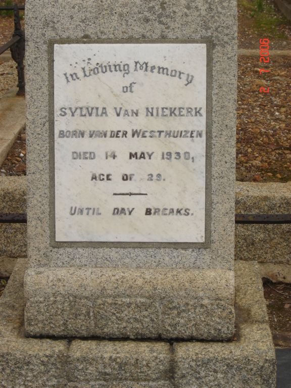 NIEKERK Sylvia, van nee VAN DER WESTHUIZEN -1930
