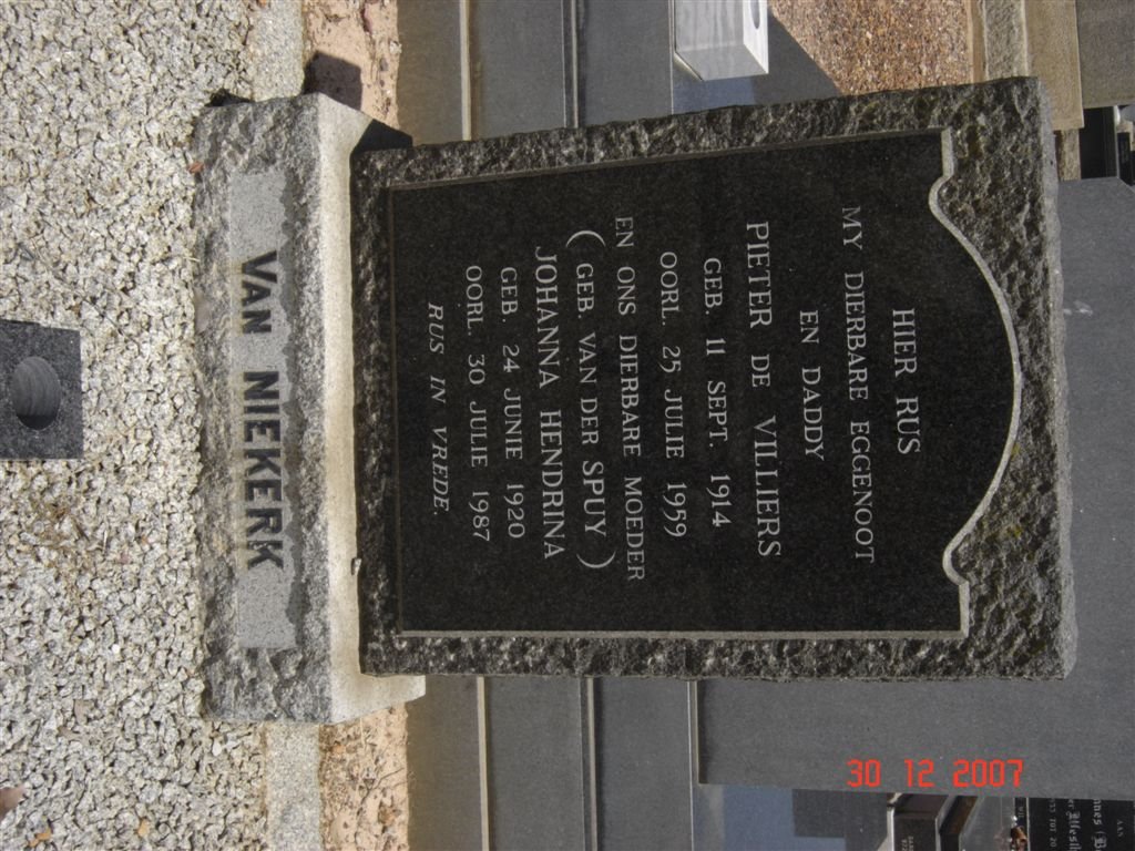 NIEKERK Pieter de Villiers, van 1914-1959 &amp; Johanna Hendrina VAN DER SPUY 1920-1987