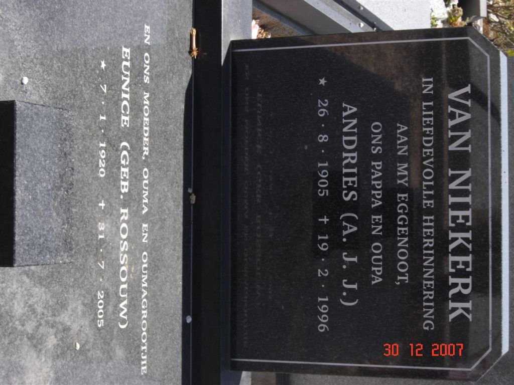 NIEKERK Andries J.J. 1905-1996 &amp; Eunice ROSSOUW 1920-2005
