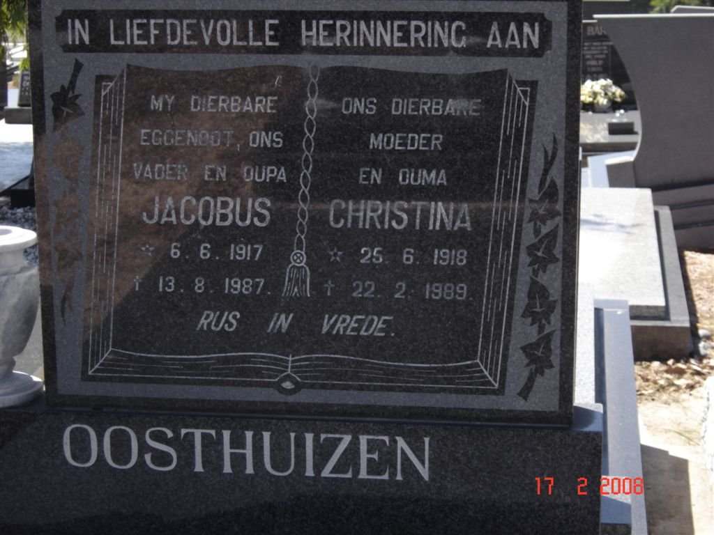 OOSTHUIZEN Jacobus 1917-1987 &amp; Christina 1918-1989