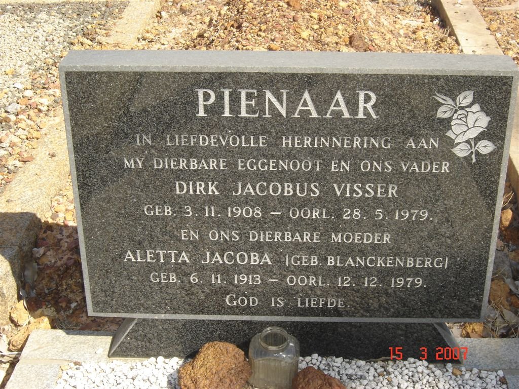 PIENAAR Dirk Jacobus Visser 1908-1979 &amp; Aletta Jacoba BLANCKENBERG 1913-1979