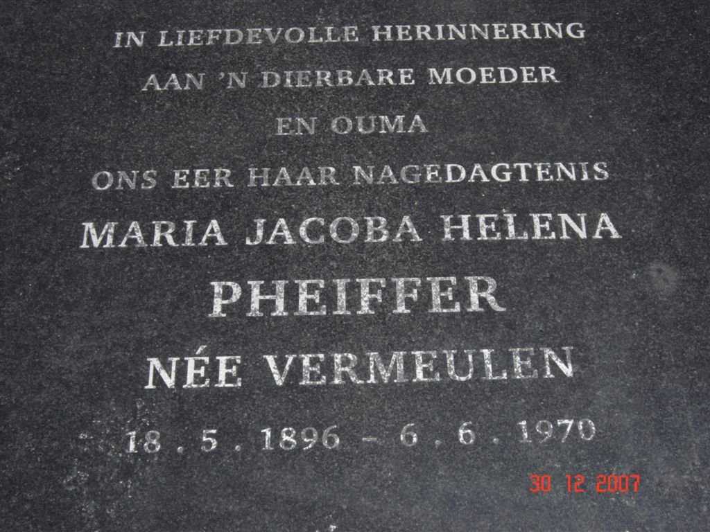 PHEIFFER Maria Jacoba Helena nee VERMEULEN 1896-1970