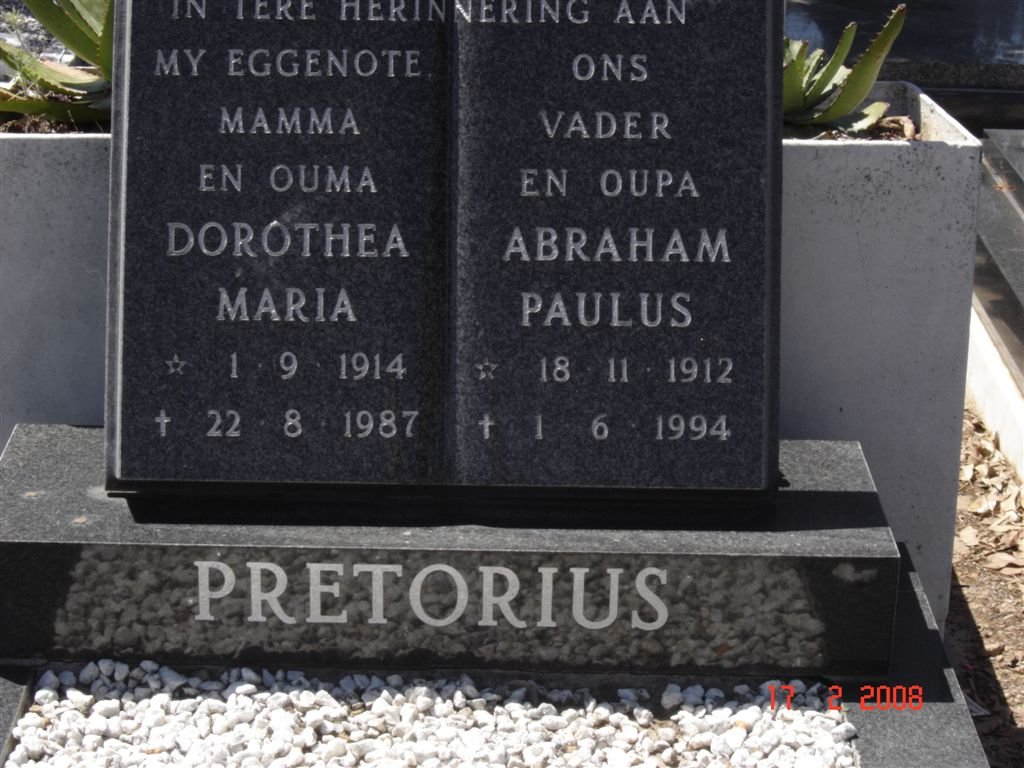 PRETORIUS Abraham Paulus 1912-1994 &amp; Dorothea Maria 1914-1987