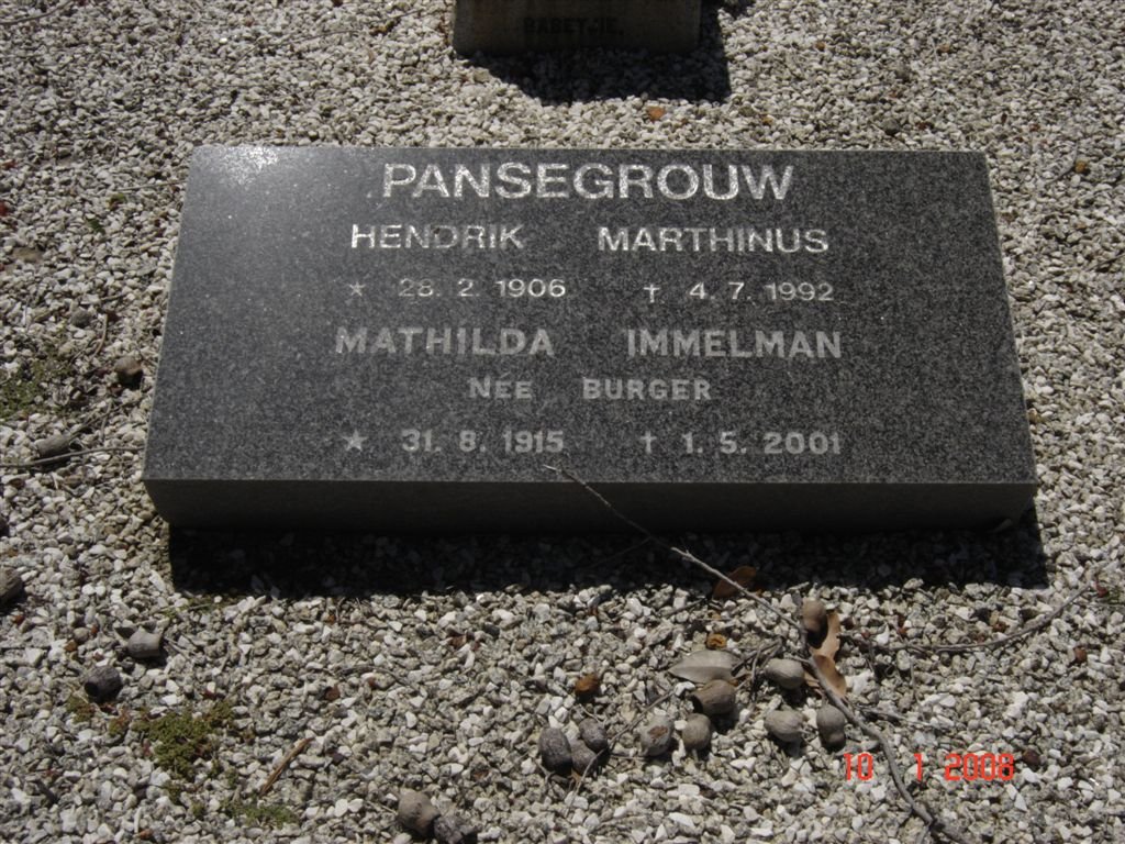 PANSEGROUW Hendrik Marthinus 1906-1992 &amp; Mathilda Immelman BURGER 1915-2001