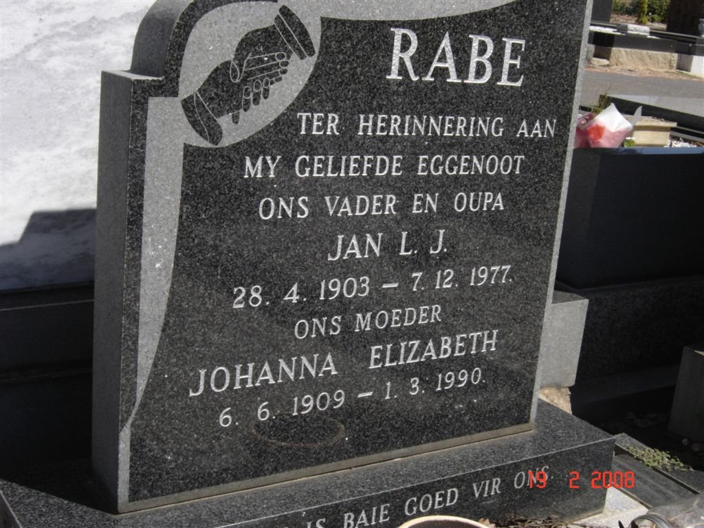 RABE Jan L.J. 1903-1977 &amp; Johanna Elizabeth 1909-1990