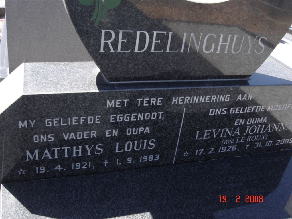REDELINGHYS Matthys Louis 1921-1983 &amp; Levina Johanna LE ROUX 1926-2005
