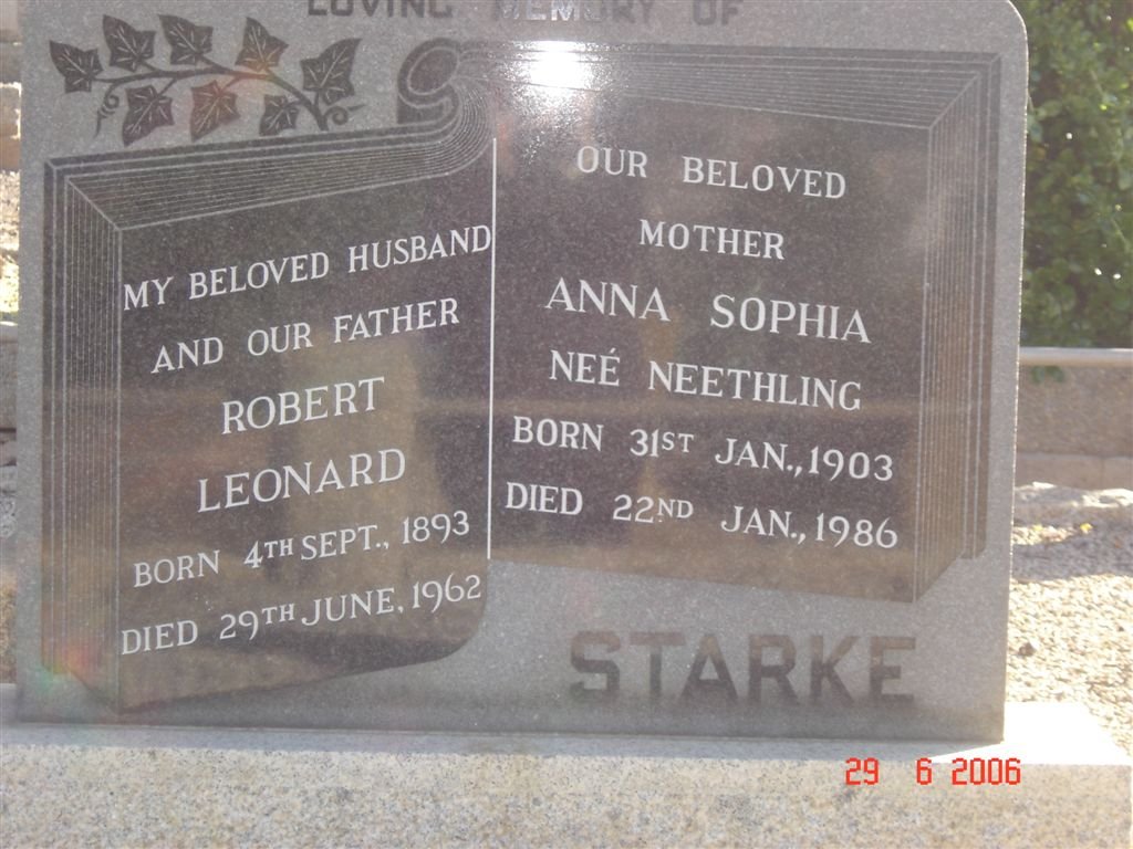 STARKE Robert Leonard 1893-1962 &amp; Anna Sophia NEETHLING 1903-1986