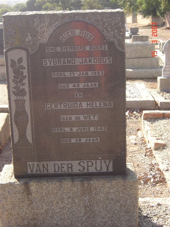 SPUY Sybrand Jakobus, van der -1933 &amp; Gertruida Helena DE WET -1945
