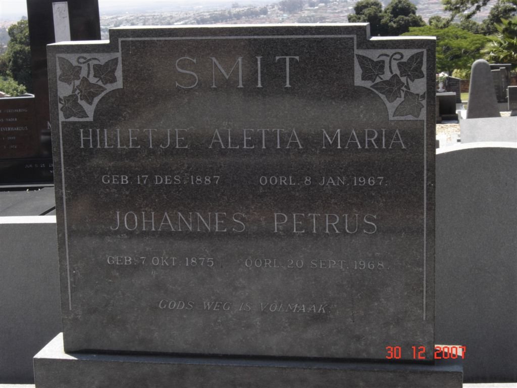 SMIT Johannes Petrus 1875-1968 &amp; Hilletje Aletta Maria 1887-1967