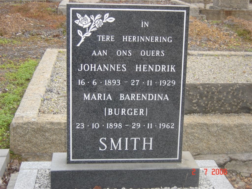 SMITH John Hendrik 1893-1929 &amp; Maria Barendina BURGER 1898-1962