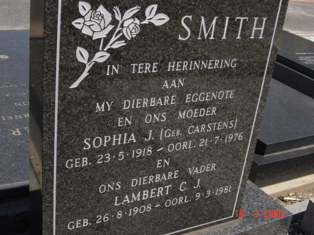 SMITH Lambert C.J. 1908-1981 &amp; Sophia J. CARSTENS 1918-1976