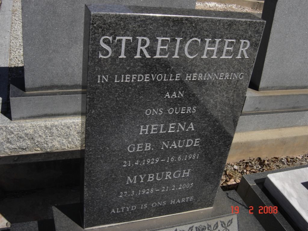 STREICHER Myburg 1928-2005 &amp; Helena NAUDE 1929-1981