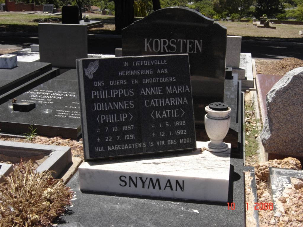 SNYMAN Philippus Johannes 1897-1991 &amp; Annie Maria Catharina 1898-1992