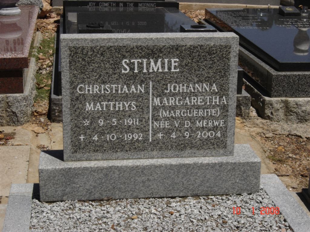 STIMIE Christiaan Matthys 1911-1992 &amp; Johanna Margaretha V.D. MERWE - 2004