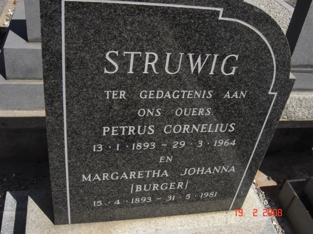 STRUWIG Petrus Cornelius 1893-1964 &amp; Margaretha Johanna BURGER 1893-1981