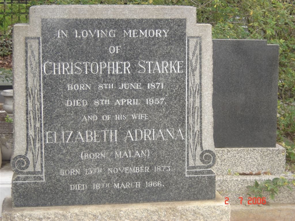 STARKE Christopher 1871-1957 &amp; Elizabeth Adriana MALAN 1873-1966