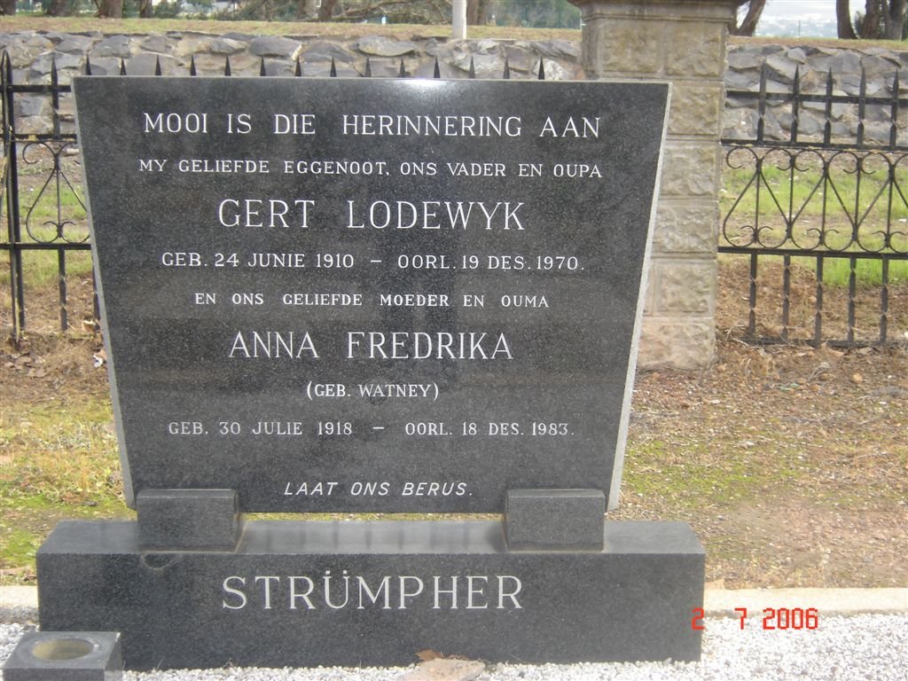 STRUMPHER Gert Lodewyk 1910-1970 &amp; Anna Fredrika WATNEY 1918-1983