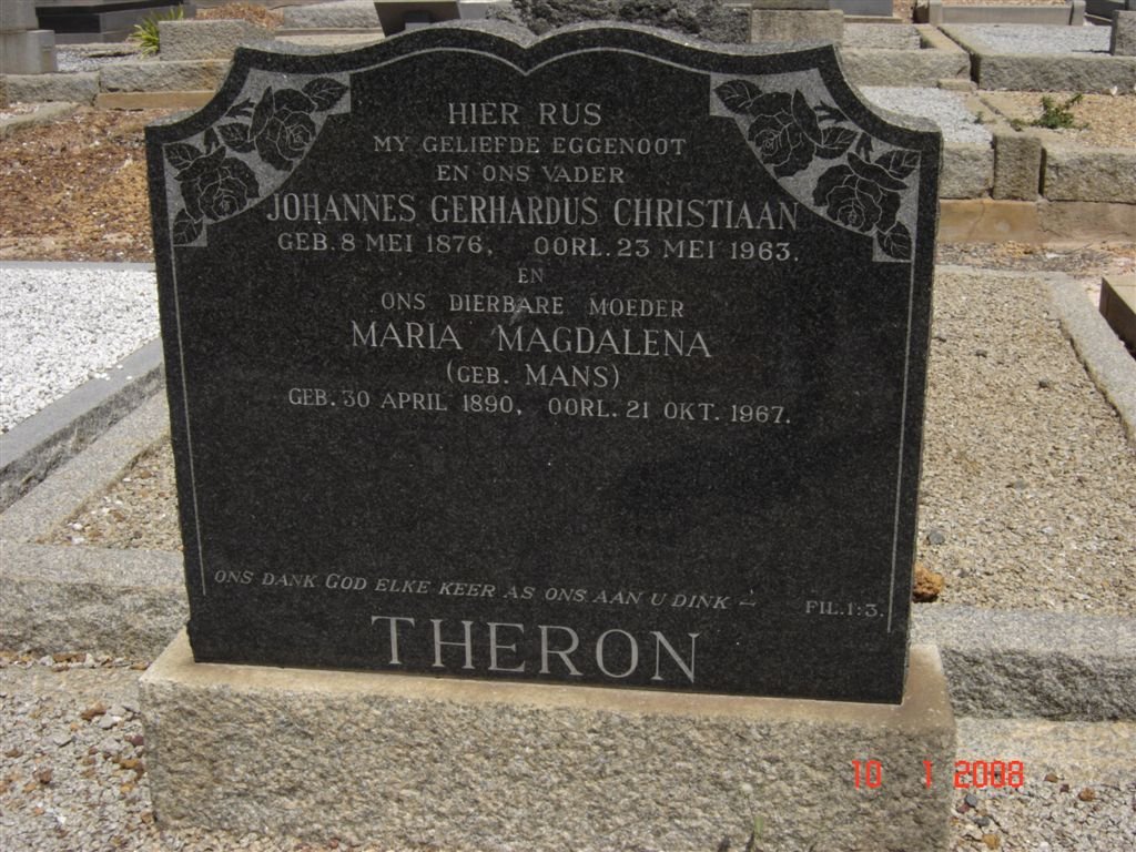 THERON Johannes Gerhardus Christiaan 1876-1963 &amp; Maria Magdalena MANS 1890-1967