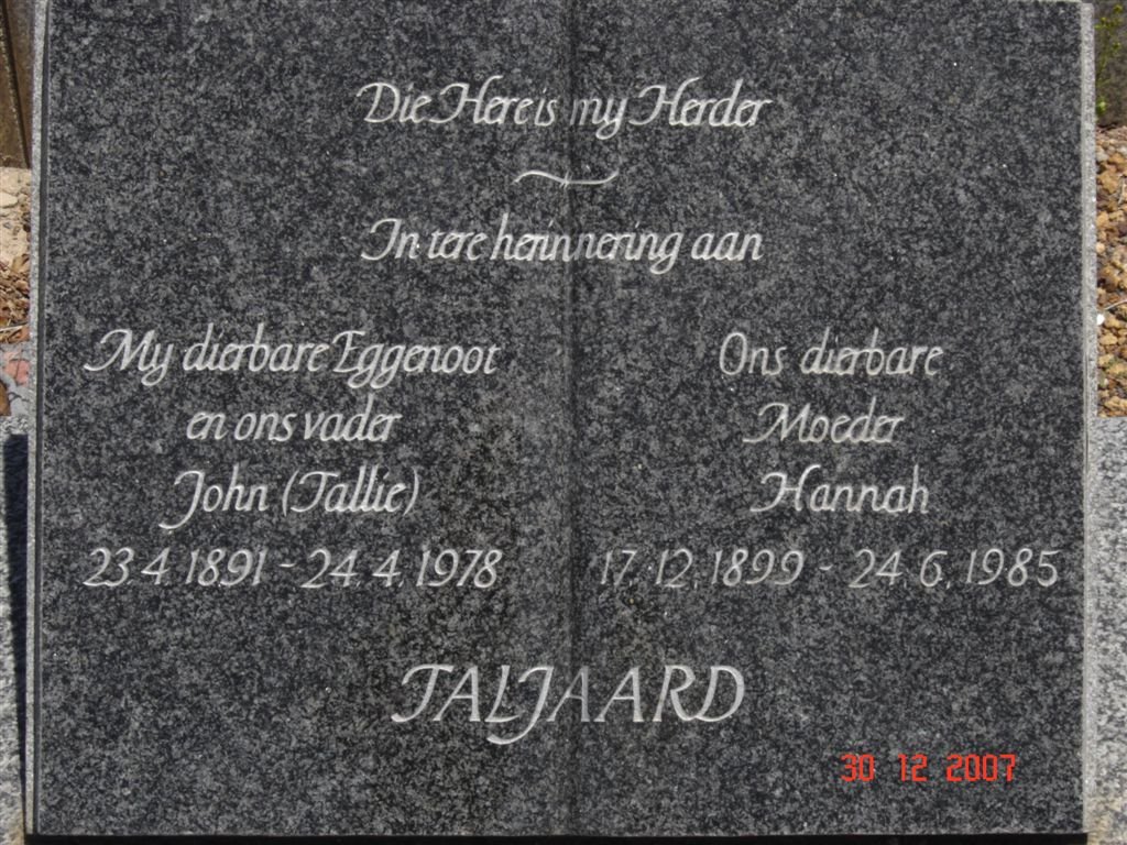 TALJAARD John 1891-1978 &amp; Hannah 1899-1985
