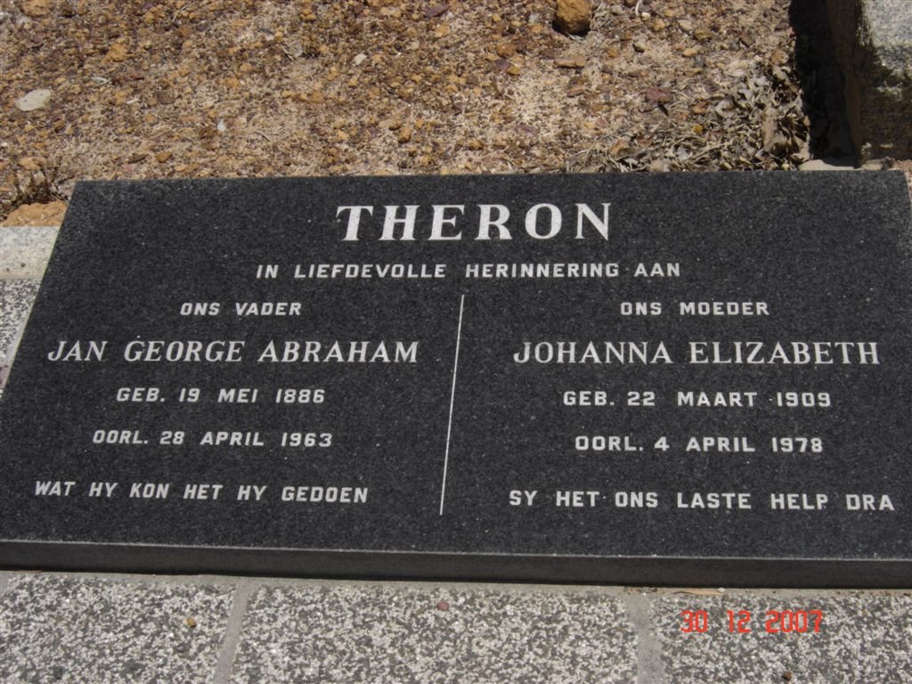 THERON Jan George Abraham 1886-1963 &amp; Johanna Elizabeth 1909-1978