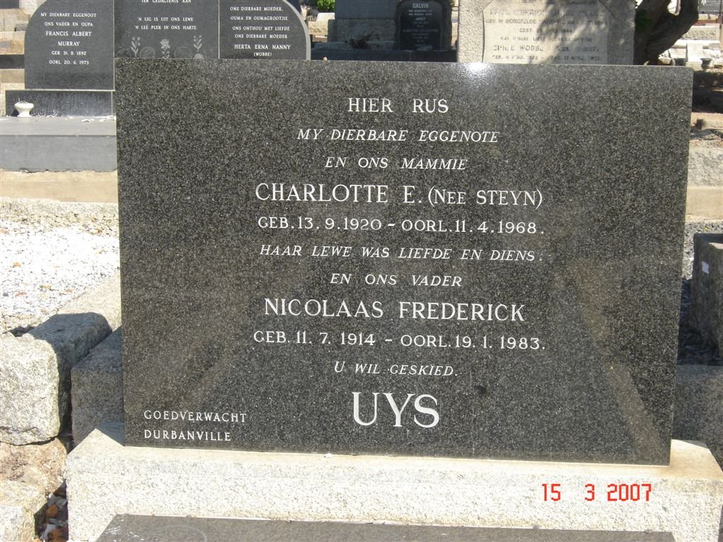 UYS Nicolaas Frederick 1914-1983 &amp; Charlotte E. STEYN 1920-1968