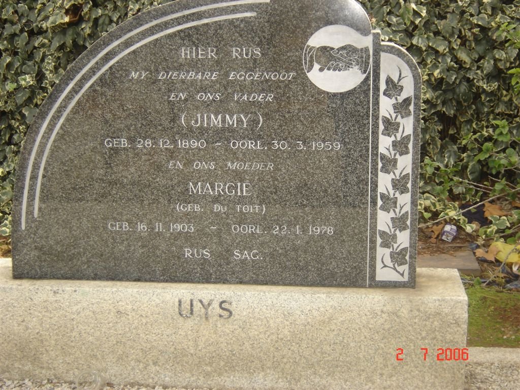 UYS Jimmy 1890-1959 &amp; Margie DU TOIT 1903-1978