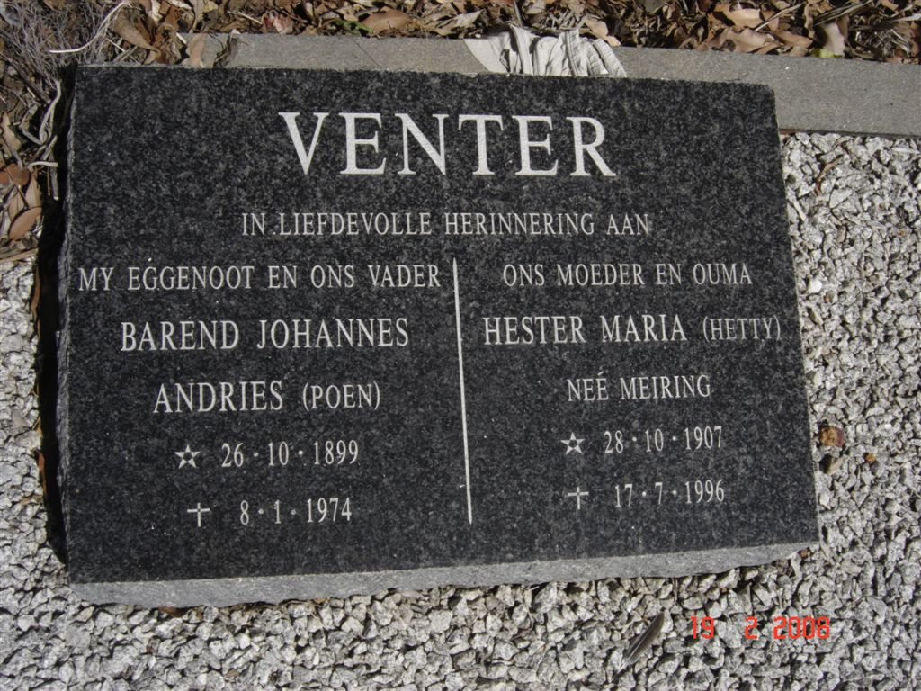 VENTER Barend Johannes Andries 1899-1974 &amp; Hester Maria MEIRING 1907-1996
