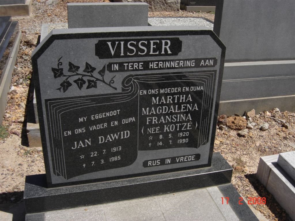 VISSER Jan Dawid 1913-1985 &amp; Martha Magdalena Fransina KOTZé 1920-1990