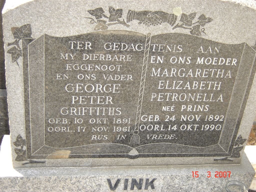 VINK George Peter Griffiths 1891-1961 &amp; Margaretha Elizabeth Petronella PRINS 1892-1990