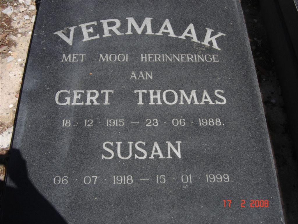 VERMAAK Gert Thomas 1915-1988 &amp; Susan 1918-1999