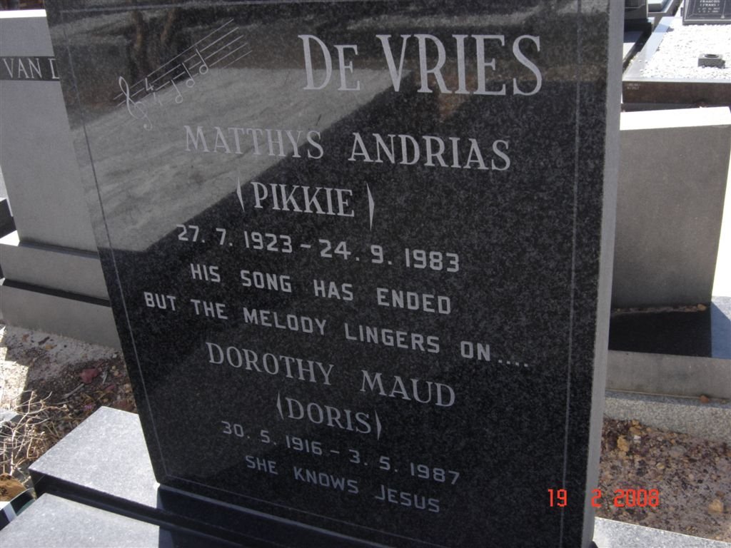 VRIES Matthys Andrias, de 1923-1983 &amp; Dorothy Maud 1916-1987