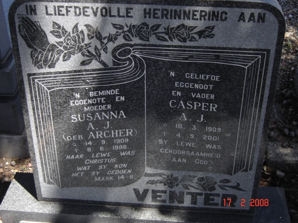 VENTER Casper A.J. 1909-2001 &amp; Susanna A.J. ARCHER 1909-1986