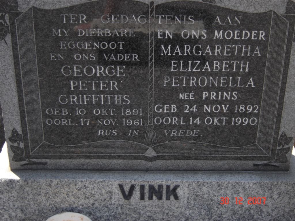 VINK George Peter Griffiths 1891-1961 &amp; Margaretha Elizabeth Petronella PRINS 1892-1990
