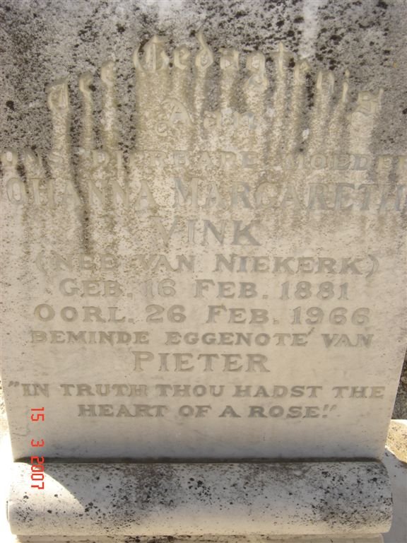 VINK Johanna Margaretha nee VAN NIEKERK 1881-1966