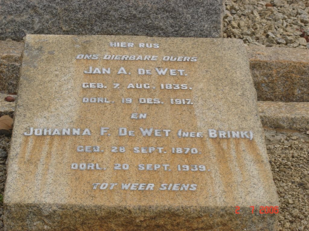 WET Jan A., de 1835-1917 &amp; Johanna F. BRINK 1870-1939