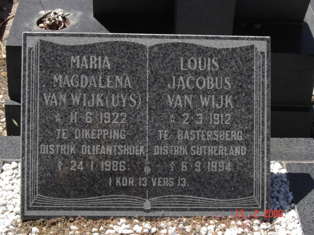 WIJK Louis Jacobus, van 1912-1994 &amp; Maria Magdalena UYS 1922-1986