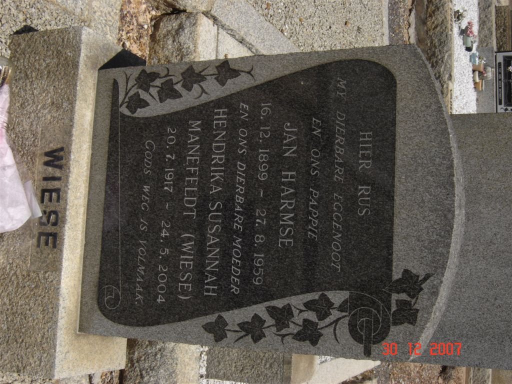 WIESE Jan Harmse 1899-1959 &amp; Hendrika Susannah MANEFELDT 1917-2004