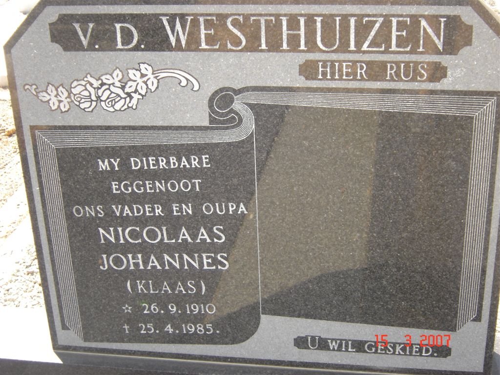 WESTHUIZEN Nicolaas Johannes, v.d. 1910-1985