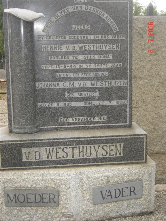 WESTHUIZEN Hennie, v.d. -1944 &amp; Johanna G.M. MOSTERT 1885-1968