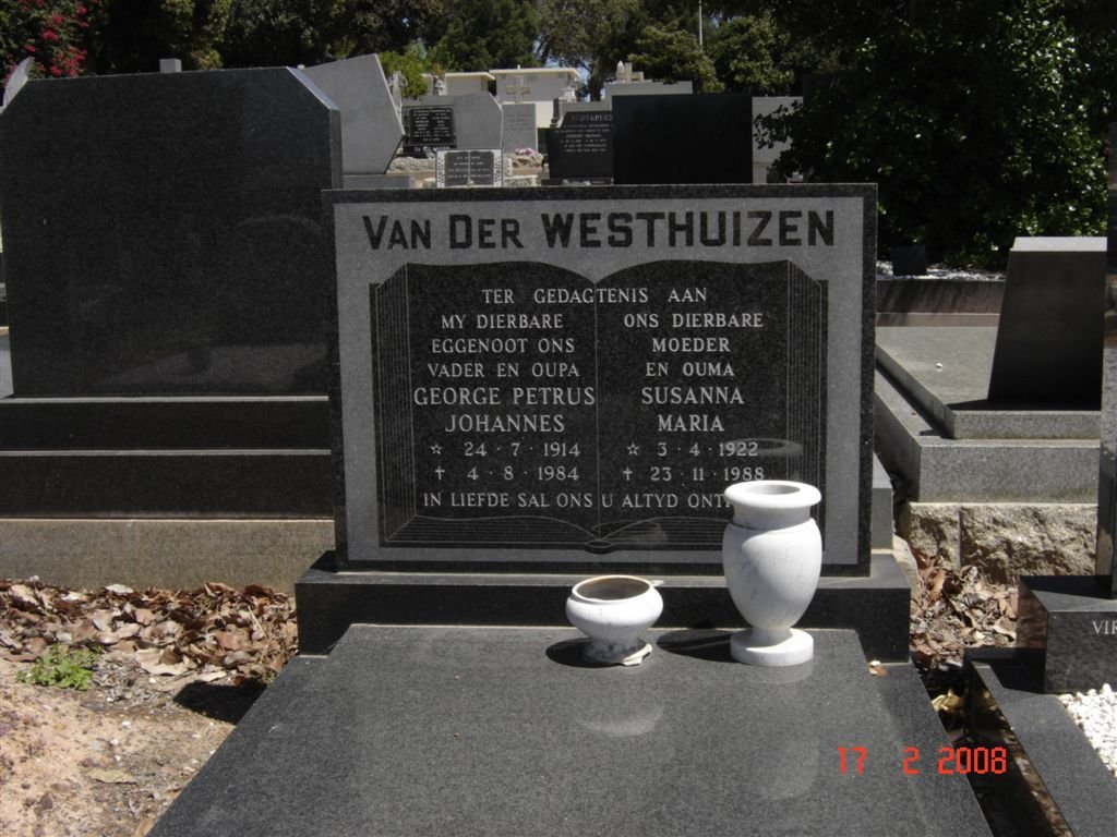 WESTHUIZEN George Petrus Johannes, van der 1914-1984 &amp; Susanna Maria 1922-1988