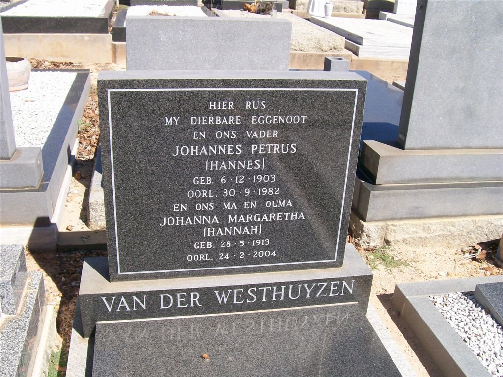 WESTHUYZEN Johannes Petrus, van der 1903-1982 &amp; Johanna Margaretha 1913-2004