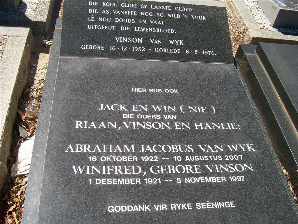 WYK Abraham Jacobus, van 1922-2007 &amp; Winifred VINSON 1921-1997 :: VAN WYK Vinson 1952-1976