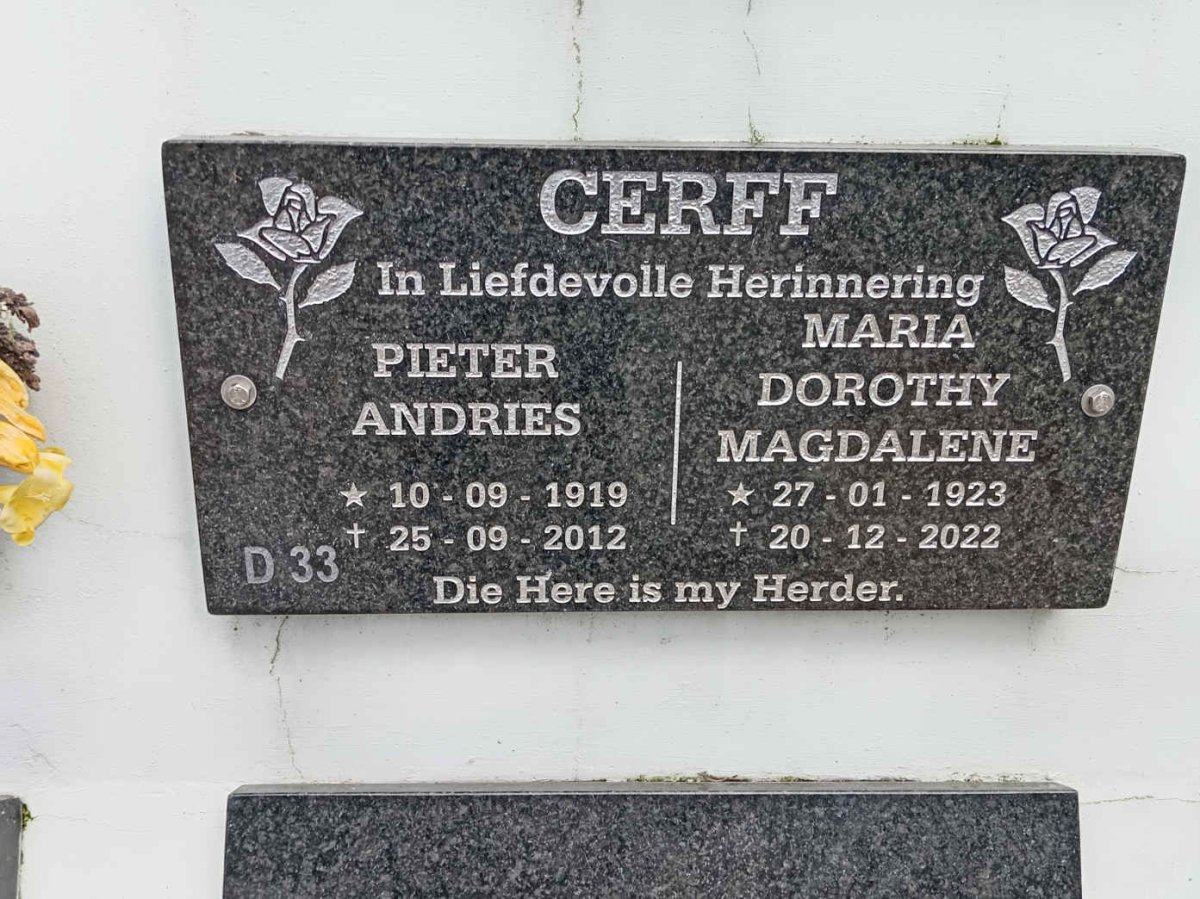 CERFF Pieter Andries 1919-2012 &amp; Maria Dorothy Magdalene 1923-2022